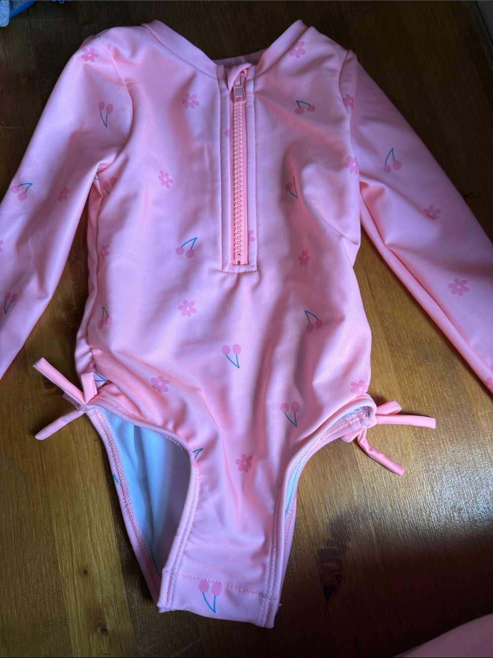 Pink Long Sleeve Girls One-Piece Swimsuit with Cherry Print